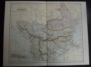 Antique Map: Turkey,  Romania,  Serbia,  Montenegro & Bulgaria,  C 1880,  Colour