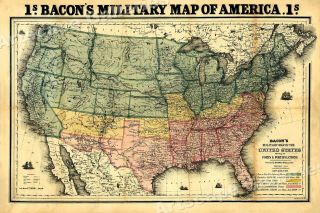 1862 Bacons Military Map Of America Civil War Wall Map Poster - 24x36
