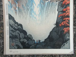 FINE ANTIQUE SIGNED 1950s mid century JAPANESE WOOD BLOCK PRINT WATERFALL 1 4