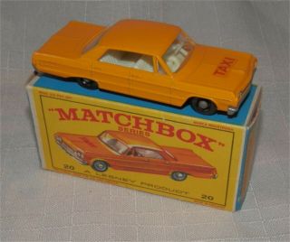 1960s Lesney Matchbox 20 Chevrolet Impala Usa Taxi.  Cab Bpw,