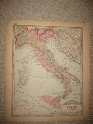 Antique 1886 Italy Austria Hungary Handcolored Map Malta Sicily Rome Rare