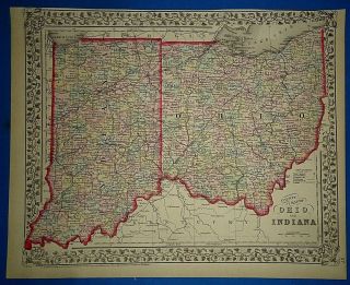 Vintage Circa 1874 Ohio - Indiana - Lake Erie Map Old Antique