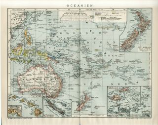 1900 Oceania Australia Zealand Papua Guinea Fiji Antique Map Dated