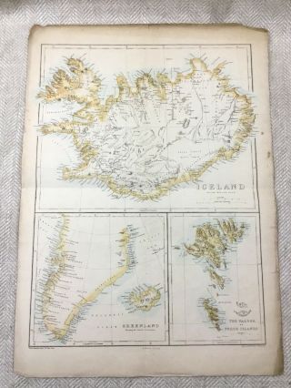 Antique Map Of Iceland Greenland Faeroe Islands 19th Century Old Hand Coloured