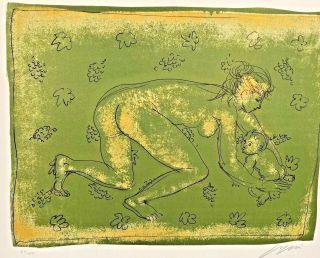 Hans Erni Color Lithograph " Mother & Child On The Lawn "