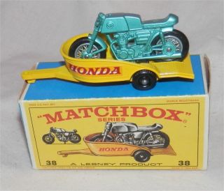 1950s.  Lesney Matchbox 38 Yellow Honda Motorcycle & Trailer,  In Scarce Box