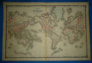 Vintage 1862 World Map Old Antique Johnson 