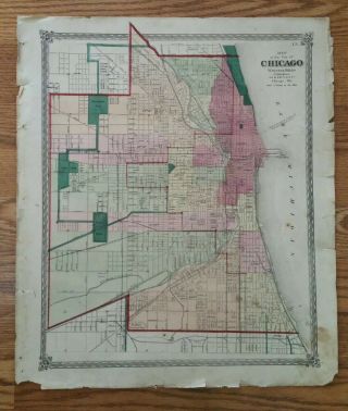 Antique 1874 Map Of The City Of Chicago - Published By Warner & Beers