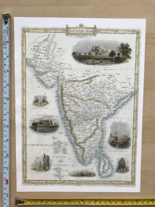 4 x Old Antique vintage colour maps 1800s: INDIA: South,  North: Tallis Reprint 2