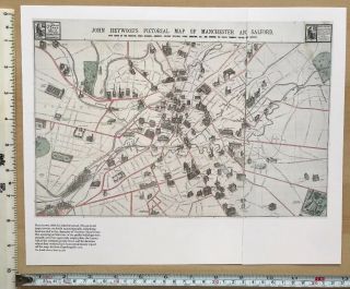 Antique Vintage Historical Map 1800s: Manchester,  England 12 X 8 " Reprint 1886c