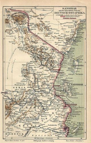 Zanzibar Tanzania East Africa German East Africa German Empire Antique Map 19th