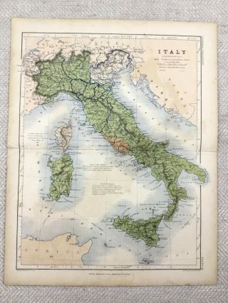 1866 Antique Map Of Italy Sicily Sardinia Corsica Old 19th Century