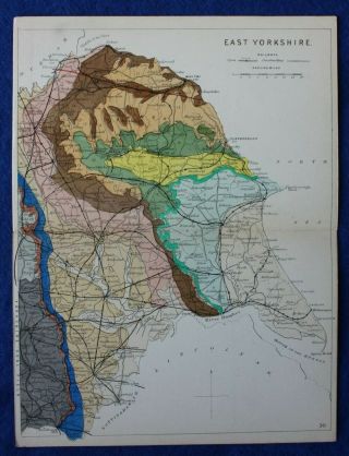 Antique Geological Map,  East Yorkshire,  Railways,  Reynolds,  1864 - 89