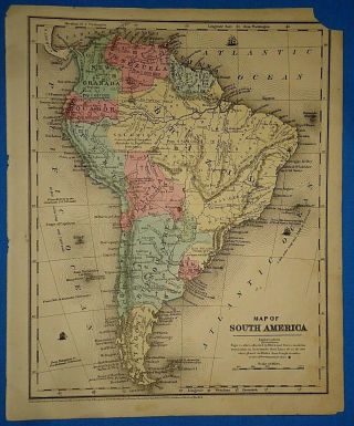Vintage 1853 South America Patagonia Peru Map Old Antique Hand Colored