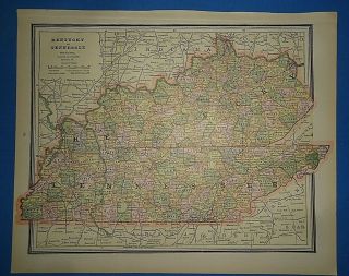 Vintage Circa 1887 Kentucky - Tennessee Map Old Antique Atlas Map