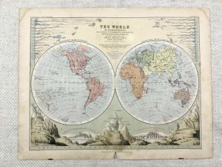 1866 Antique World Map Western Hemisphere Eastern Globe 19th Century