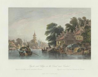 1843 Thomas Allom Steel Engraving Of China - Pagoda And Village Near Canton