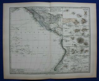 Antique Map Polynesia,  Pacific,  Tahiti,  Hawaii,  Galapagos,  Stieler 1889