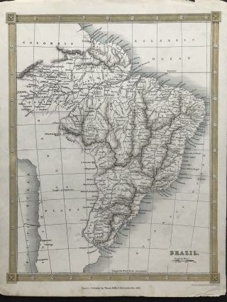 Antique Map Brazil C1834 Thomas Kelly Engraved Outline Color