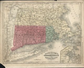 Antique 1860 Map: " Massachusetts,  Connecticut And Rhode Island " - Hand - Colored