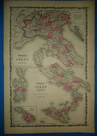 Vintage 1862 Italy Map Old Antique Johnson 