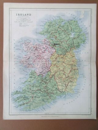 Ireland Antique Map Dated 1853 By W.  & A.  K.  Johnston Blackwoods Atla 10 " X13 "