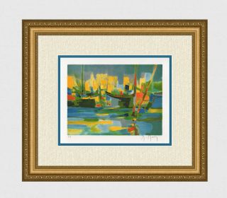 Outstanding Marcel Mouly " Large Ships In Port " Lithograph Framed Hand Signed