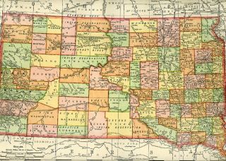 1895 Antique Map South Dakota Brookings Rapid City Sioux Falls Huron Sd