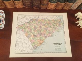1885 Antique Map North South Carolina Raleigh Durham Rock Hill Florence