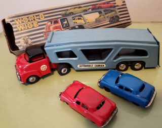 S.  S.  S.  Toys Shioji Worldwide Automobile Carrier Friction Tin Toy Truck Japan Box