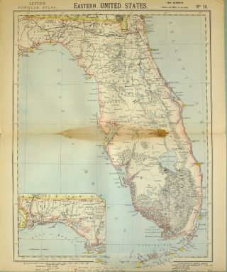 1883 Letts Map Eastern United States Florida Monroe Wakulla Taylor Duval Miami