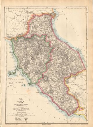 1863 Large Antique Map - Dispatch Atlas - Italy,  Tuscany And The Papal States