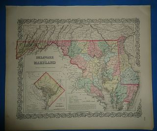 Vintage Circa 1857 Maryland - Delaware Map Old Antique Colton Atlas Map