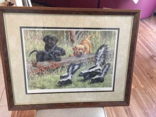 Roger Cruwys Signed & Numbered Lithograph Lab Puppies & Skunks Framed Lg 88
