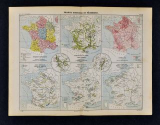 1885 Cortambert Map - France Agriculture Fisheries Beef Red & White Wine - Paris