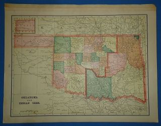Vintage Circa 1898 Oklahoma / Indian Territory Map Old Antique Map