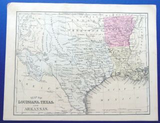 1877 Hand - Colored Map Of Texas,  Louisiana,  Indian Territory,  Arkansas