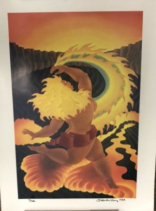RARE Signed DIETRICH VAREZ “PELE” Color Woodblock Print Poster Hawaii Hula auto 3