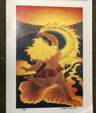 RARE Signed DIETRICH VAREZ “PELE” Color Woodblock Print Poster Hawaii Hula auto 5