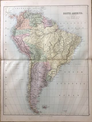 1888 South America Large Antique Map By John Bartholomew & A & C Black