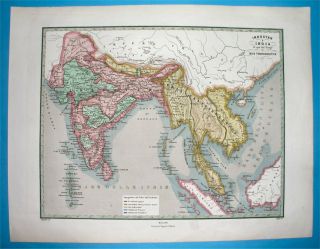 1850 Map Thailand Siam Malaysia Vietnam India Laos Nepal Kashmir Ceylon