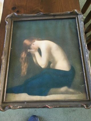 Nude,  Pretty Girl Antique Art Print - 11 1/2 X 15 Inches - Framed