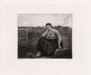 Look 1800s Jules Breton Antique Etching " The Harvest Dreamer " Signed Framed
