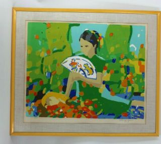 Pang Jen Signed Serigraph Silk Screen Limited Print “woman With Fan” No.  90/95