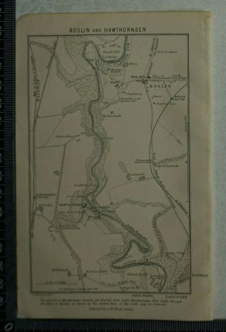 1892 Vintage Bartholomew Map Of Roslin And Hawthornden,  Scotland