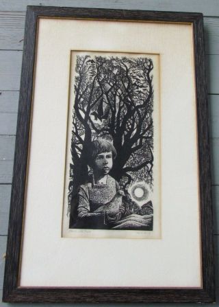 Lynd Ward Pencil Signed Woodcut Child With Bird Matted And Framed