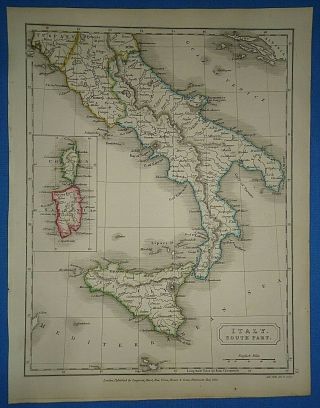 Antique 1825 Southern Italy Map Old Vintage Hand Colored Atlas Map