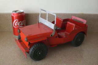 Vintage Marx Lumar Red Willys Jeep 40 - 50s Antique Pressed Steel Toy With Engine