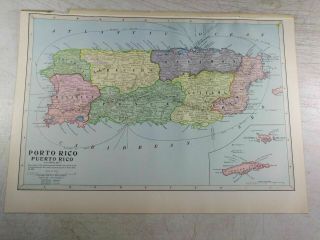 1899 Antique Puerto Rico Map - - 16.  25x11.  25 " - - Vg,  Colorful,  Bright