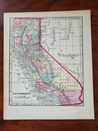 1859 Antique Hand Colored Engraved Map Of California